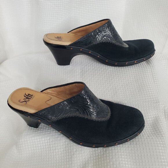 Sofft 8.5 M Clogs Mules Tooled Leather Suede Studded Block Heel CottageCore Rust - Picture 2 of 13